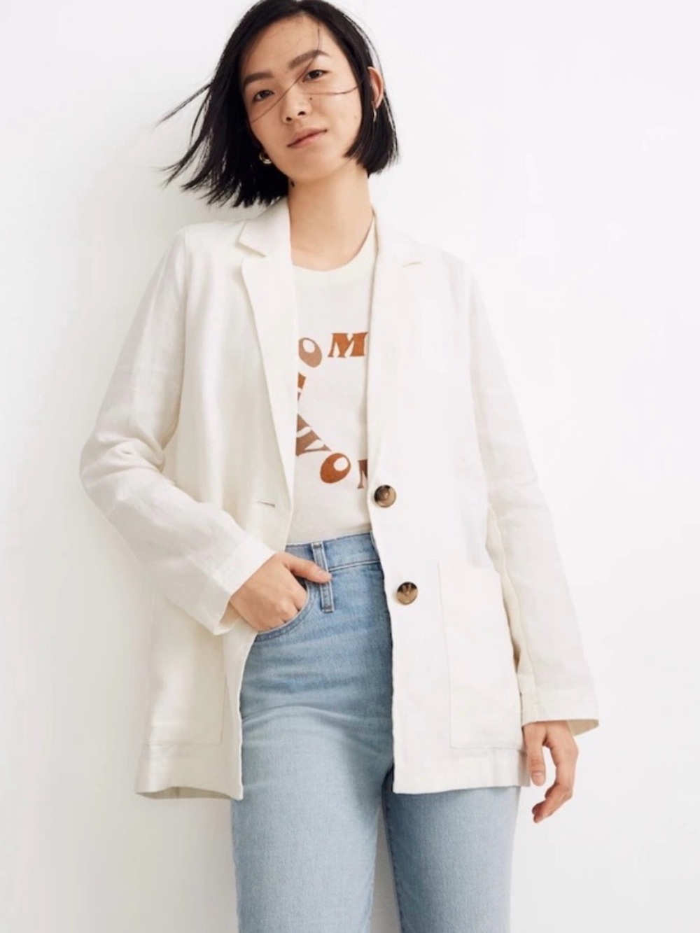 Madewell Dorset Cream Button-Front Linen Relaxed Blazer